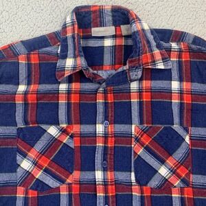 Vintage Windbreaker Flannel Shirt Mens L Blue Plaid Cotton Made in Turkey